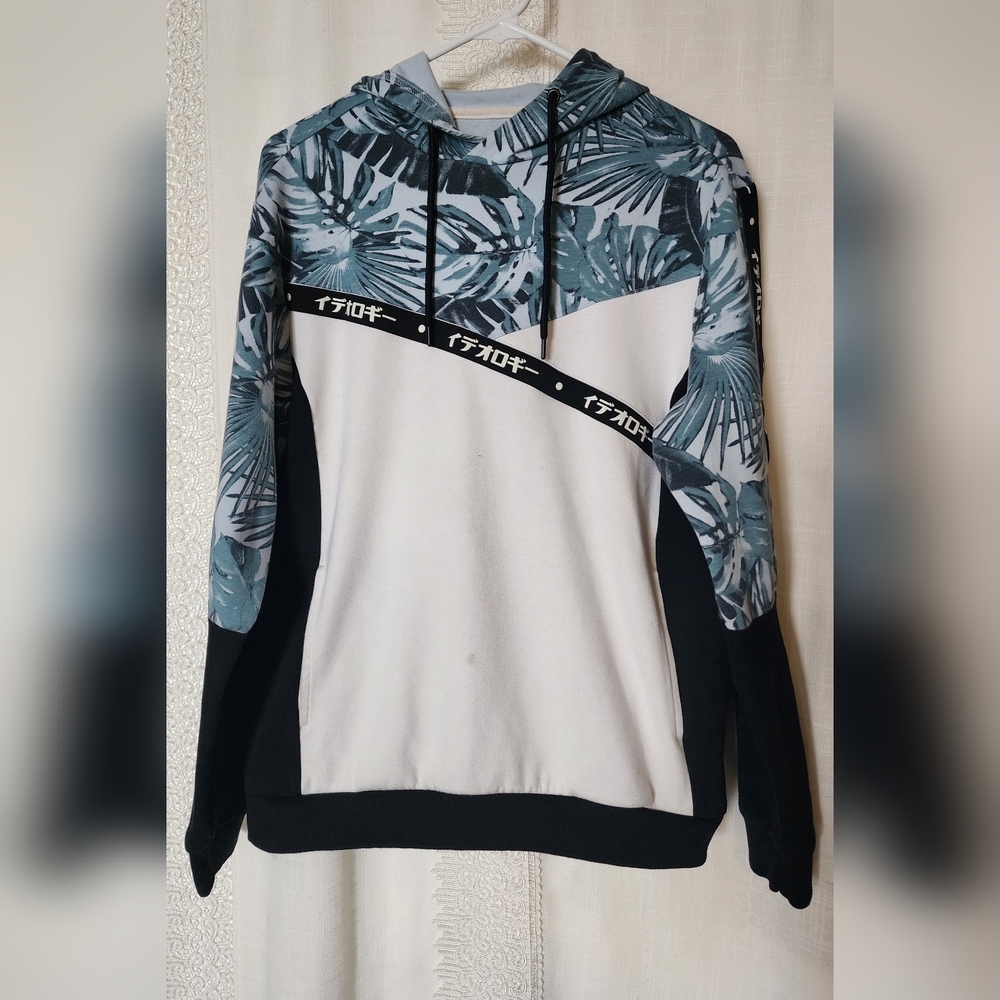 Ideology hoodie. Men's Medium, White and Black with Blue Leaf Print ID Hoodie